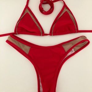Red thong bikini with see through mesh edges